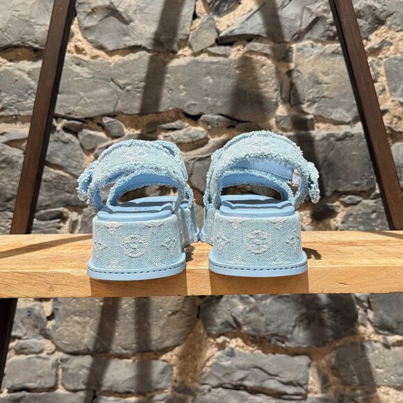 Louis Vuitton Light Blue Denim Monogram Maya Platform Sandals - Picture 5 of 11